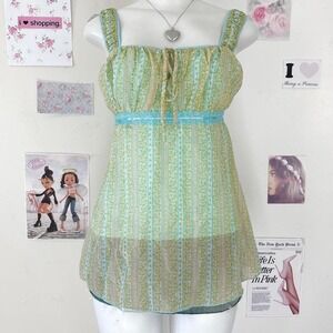 Jordache Y2K Green Floral Lace Trim Empire Waist Cami Size L — Fairycore /